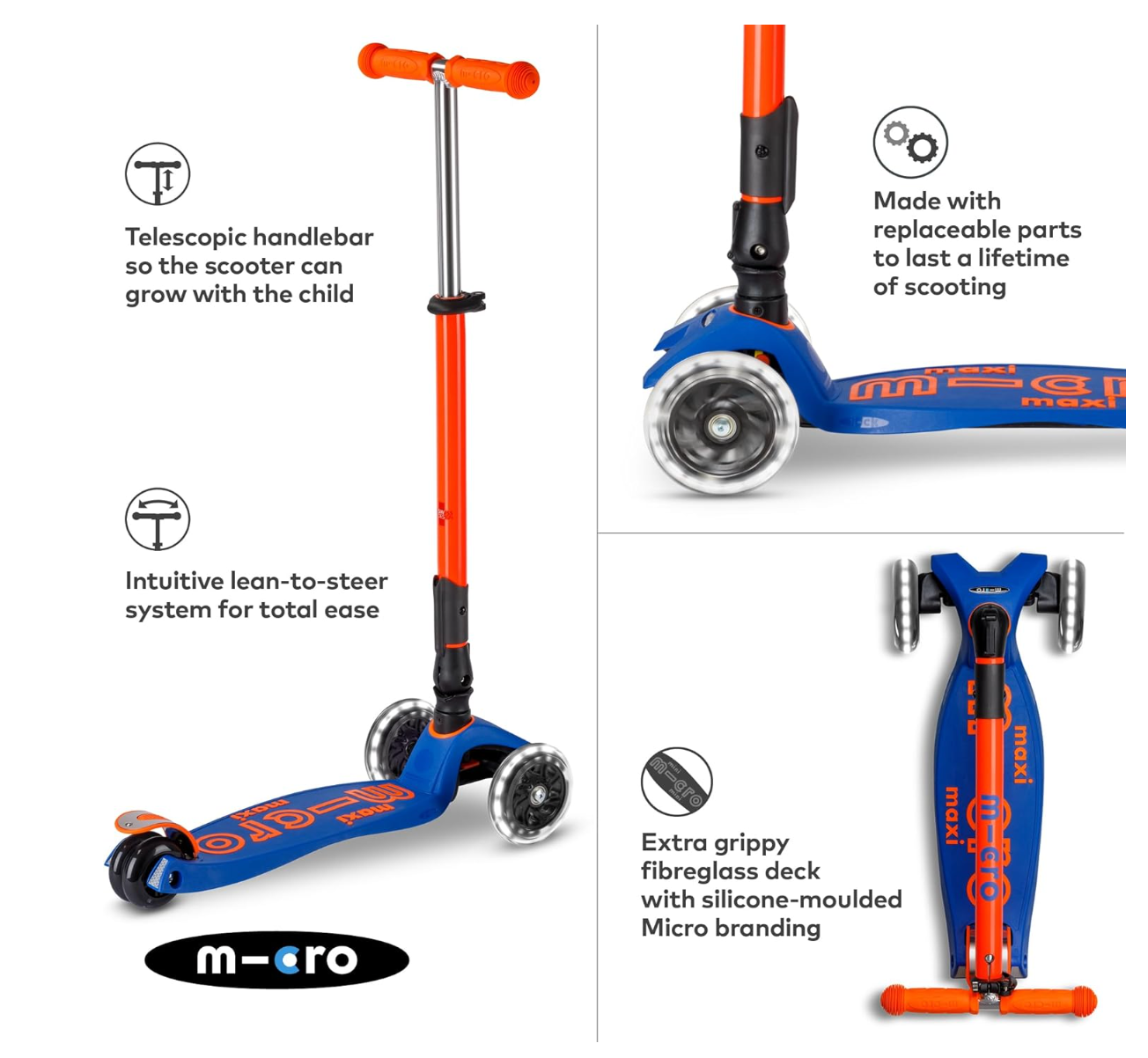 Patinete Plegable Maxi Deluxe LED Azul Naranja