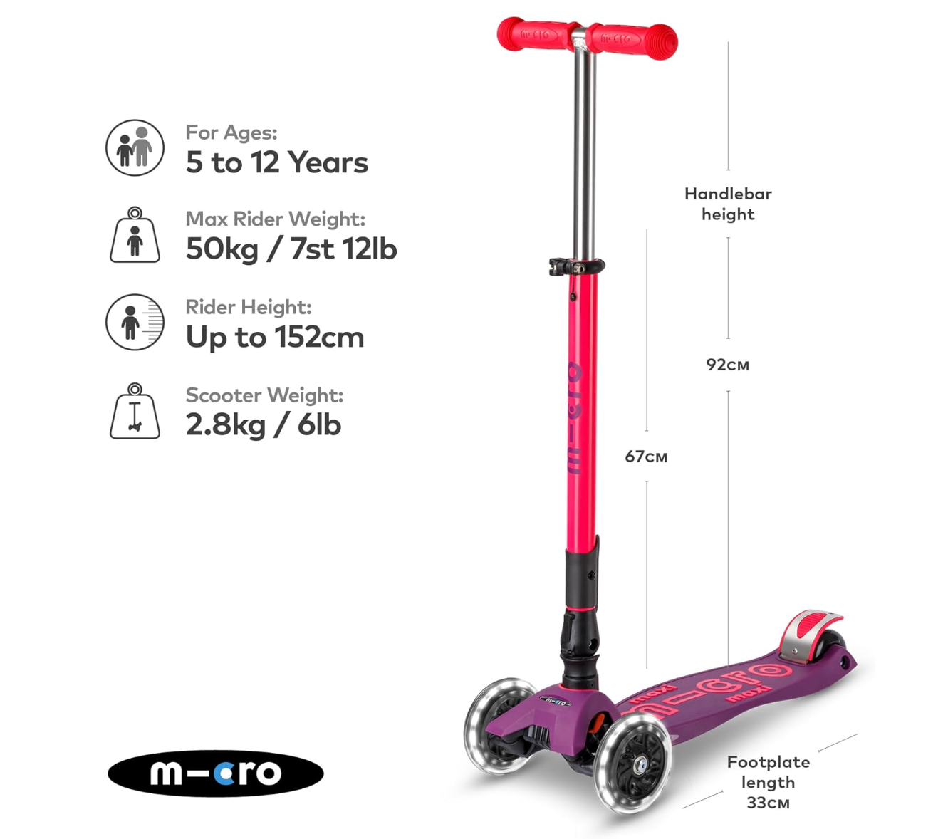 Patinete Plegable Maxi Deluxe LED Ultra Rosa