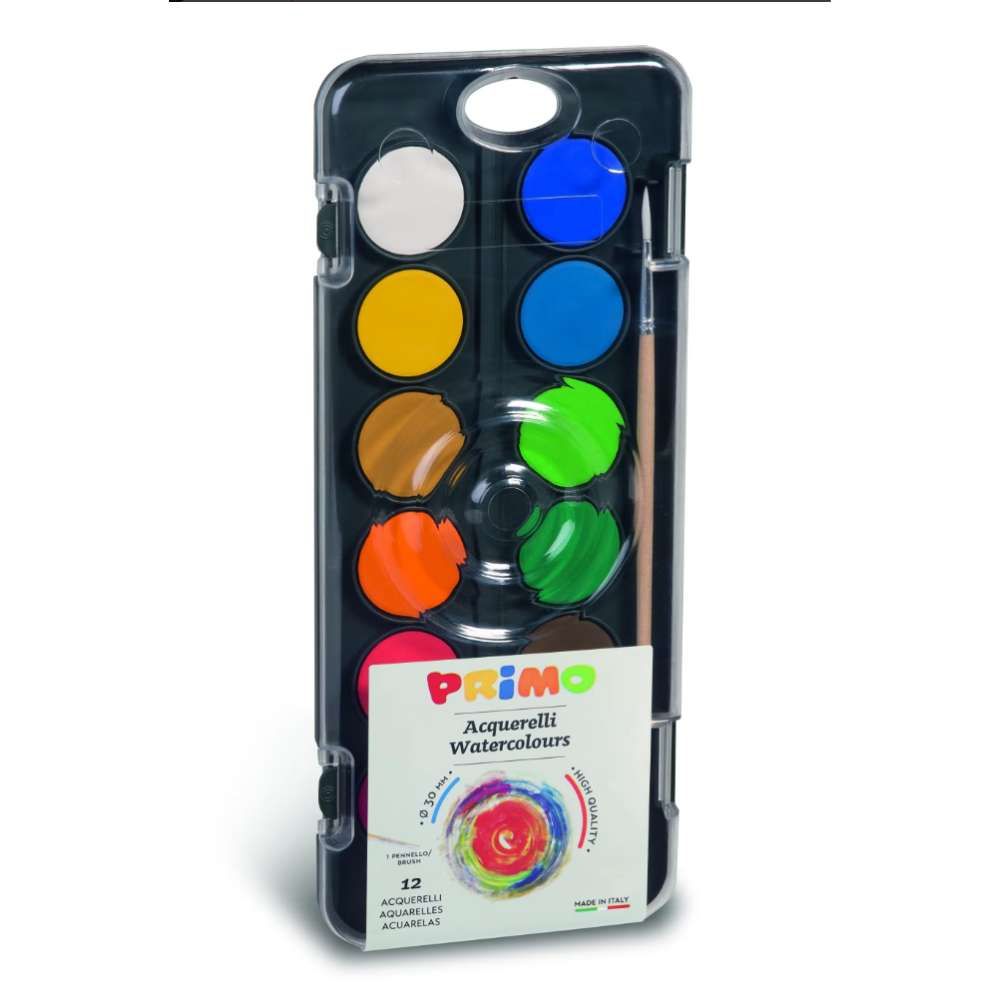 PRIMO Jumbo – Acuarelas De 10 Colores Con Pincel, Paleta Integrada Y Cápsulas Extraíbles – Made In Italy, Colores Vivos