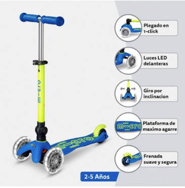 Patinete Mini Micro Deluxe Plegable Azul y Amarillo Luces LED